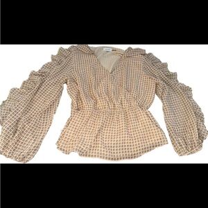 Calvin Klein Beige And White  Print Long Sleeve Blouse Womens Size Large